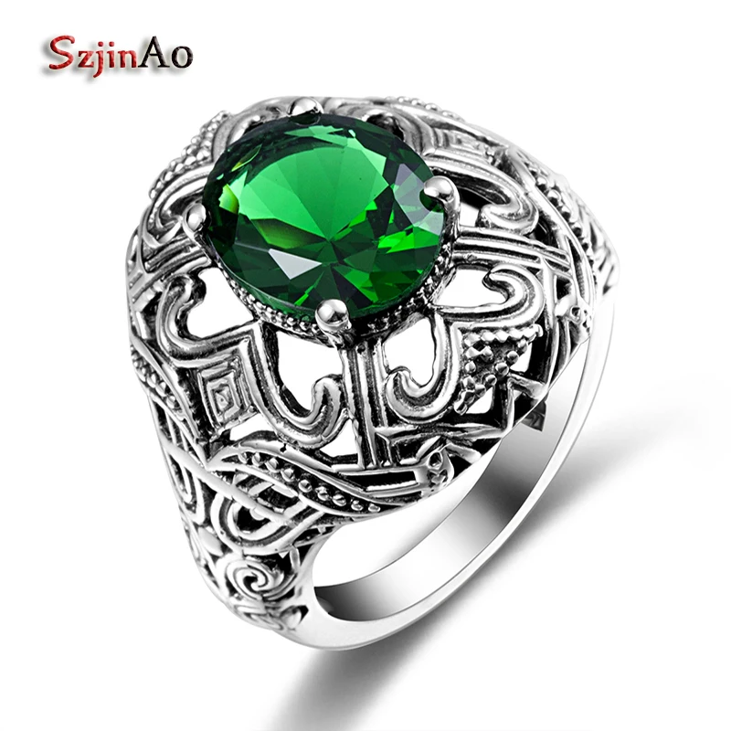 

Szjinao Elegant Green Stone Emerald Skull Ring Women 925 Sterling Silver Fashion Jewelry Brand New Vintage Charm Rings Gift