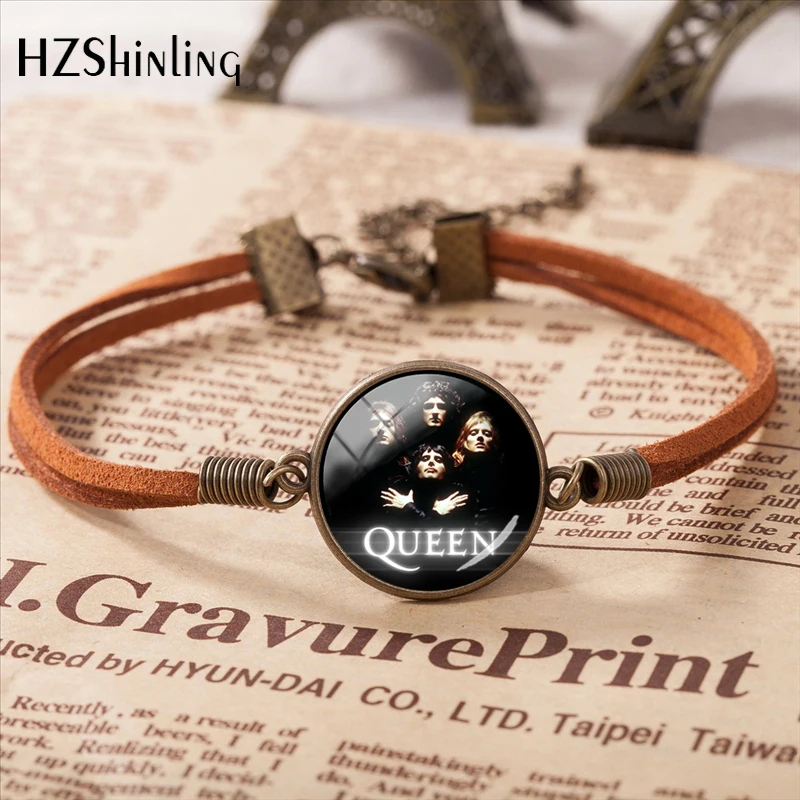 

2019 New Arrival Pop and Rock Queen Band Photos Glass Dome Silver Jewelry Leather Bracelet Hand Craft Queen Logo Jewelry