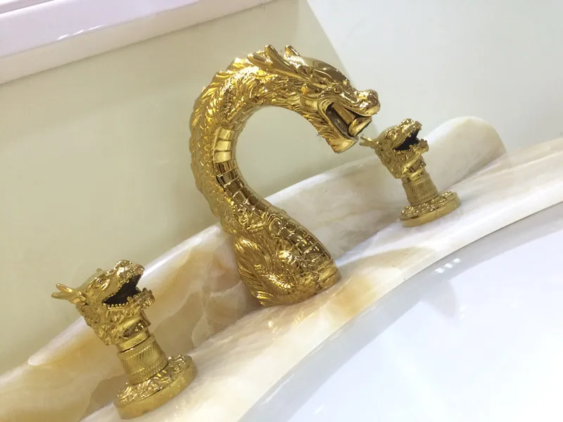 

Free ship GOLD Color 3 Pcs WIDESPREAD 8" LAVATORY BATHROOM SINK DRAGON FAUCET mixer tap Dragon handles deck mounted