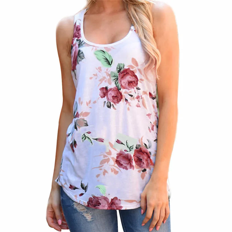Tank Top Women Sleeveless Flower Printed Blouse Casual Tank Tops T