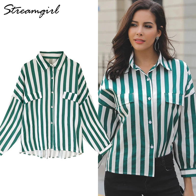 2019 mujeres primavera moda blusa a rayas manga larga camisa verde para Blusa de gasa camisas de talla femenina y camisas| - AliExpress