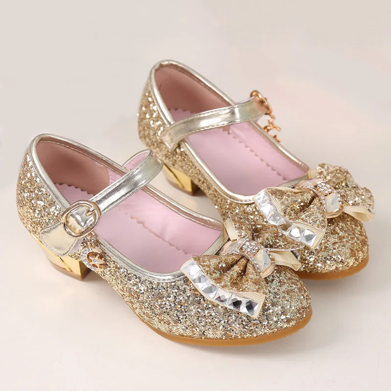 5Colors Children Princess Sandals Kids Girls Wedding Shoes High Heels Dress Shoes Bowtie Gold For Girls