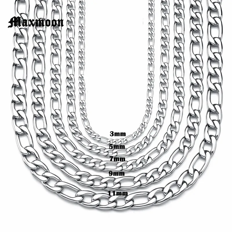 

Maxmoon High Quality Width 3mm/ 5mm/7mm/9mm/11mm Stainless Steel Cuban Chain Waterproof Men Curb Link Necklace Various Sizes