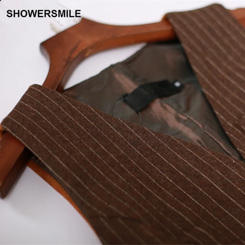 SHOWERSMILE Woolen Suit Vest Women Short Female Waistcoat Brown Striped 2018 Autumn Winter Patchwork Sleeveless Women's Vests