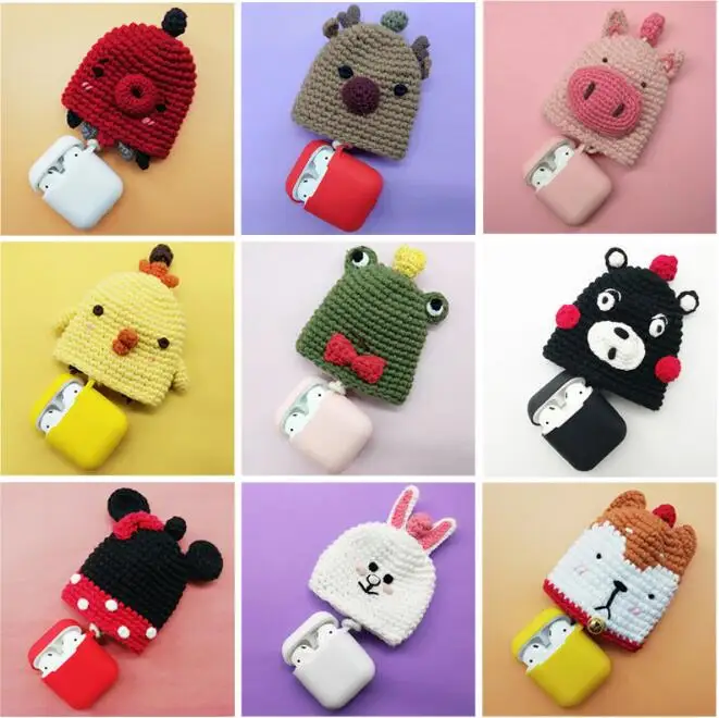 Cartoon Woolen Case for AirPods with Annti lost Strap Protective Knitted Earphone Cover Wireless Headphone Charger Silicone Bag