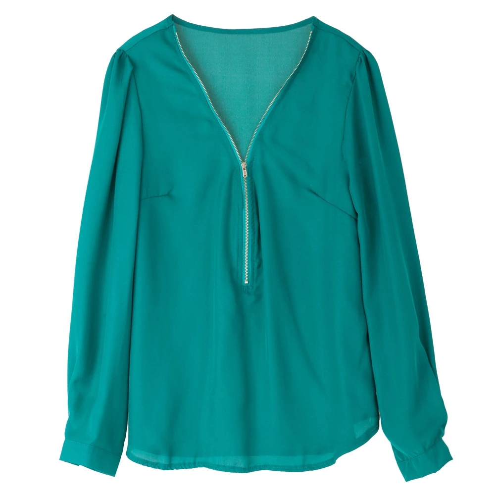

Stylish V-Neck Long Sleeve Zipper Design Chiffon Solid Color Women's Blouse