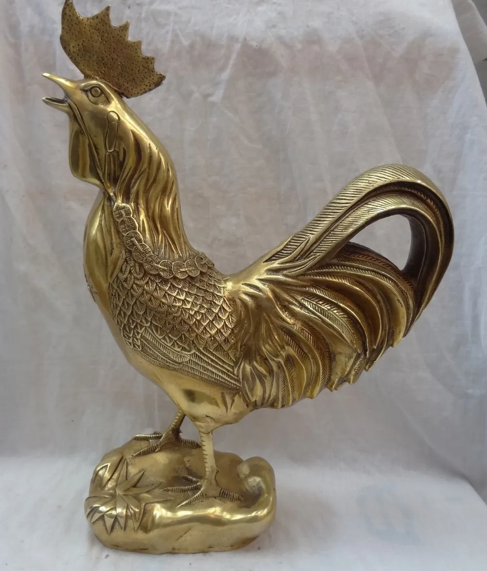 

18" Chinese Brass Zodiac Wealth Coin JiXiang Cock Rooster Cry Statue Sculpture