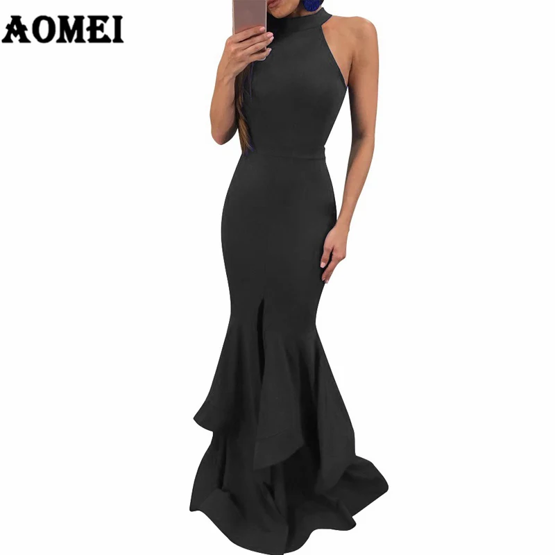 Женское длинное элегантное торжественное платье макси с оборками, вечерняя одежда для вечеринок, Дамская мода, обтягивающие летние платья от солнца - Цвет: Черный