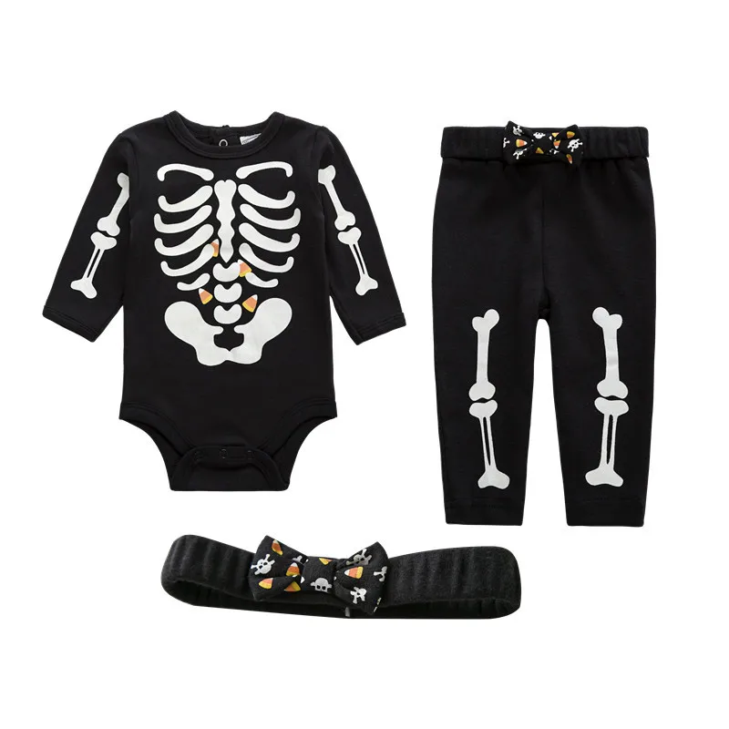 Одежда для маленьких мальчиков и девочек, комбинезон, штаны и повязка на голову, комплект одежды из 3 предметов, длинная одежда для малышей, костюм, светящийся в темноте скелет