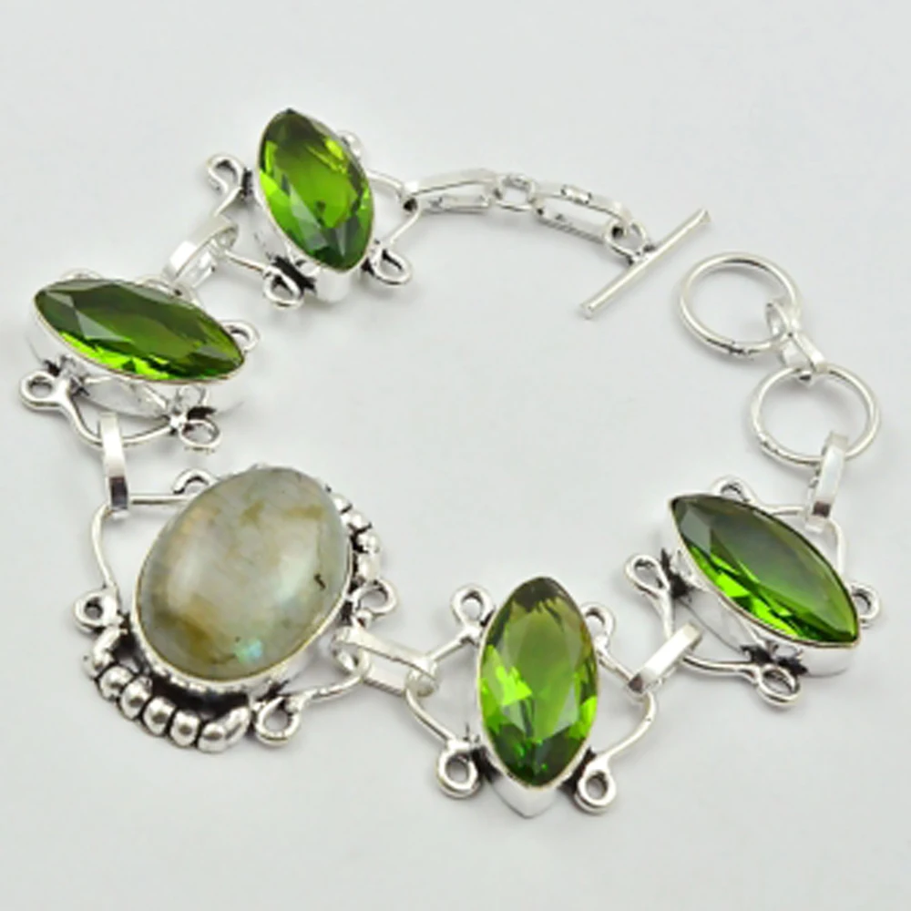 

Labradorite & Peridots Bracelet Silver Overlay over Copper, 20cm , B3033