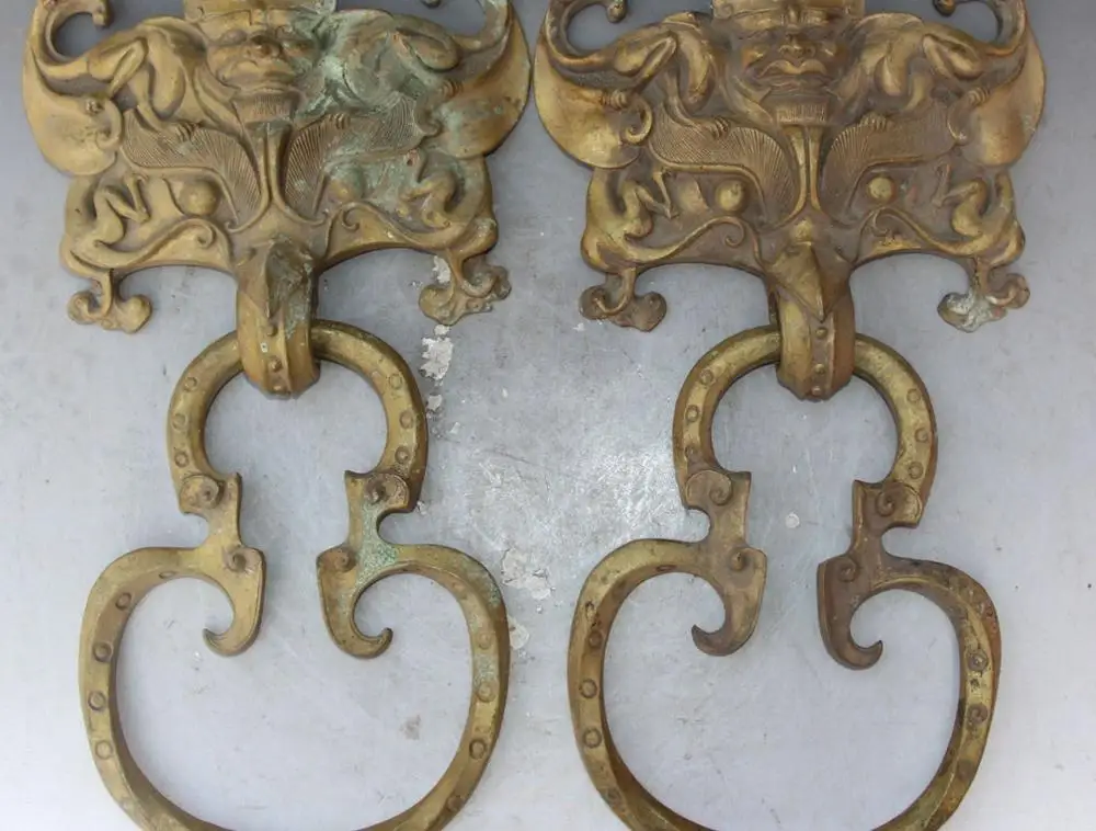 

100% Real Pure Bronze Old Fengshuo Foo Fu Dog Dragon Lion Door Knocker Pair