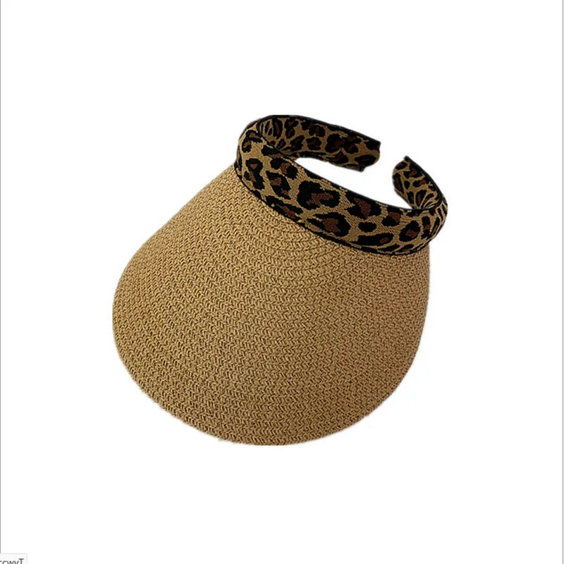 

2019 New Woman's Sun Hats Female Leopard Visor Caps Hand Made Wide Brim Straw Summer Cap Casual Shade Hat Empty Top Hat Beach