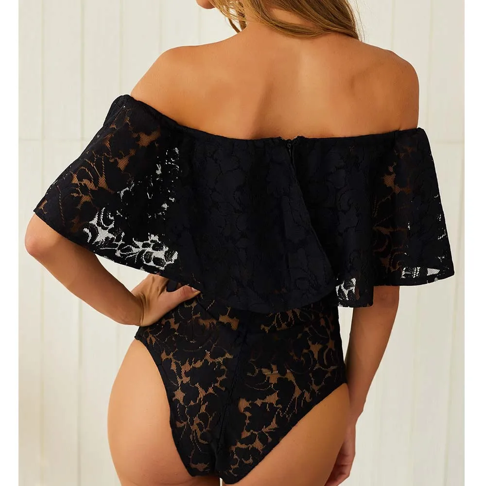 Women Summer Sexy Off-the-shoulder Lace Jumpsuit Top White Big Ruffle sleeve Bodysuits