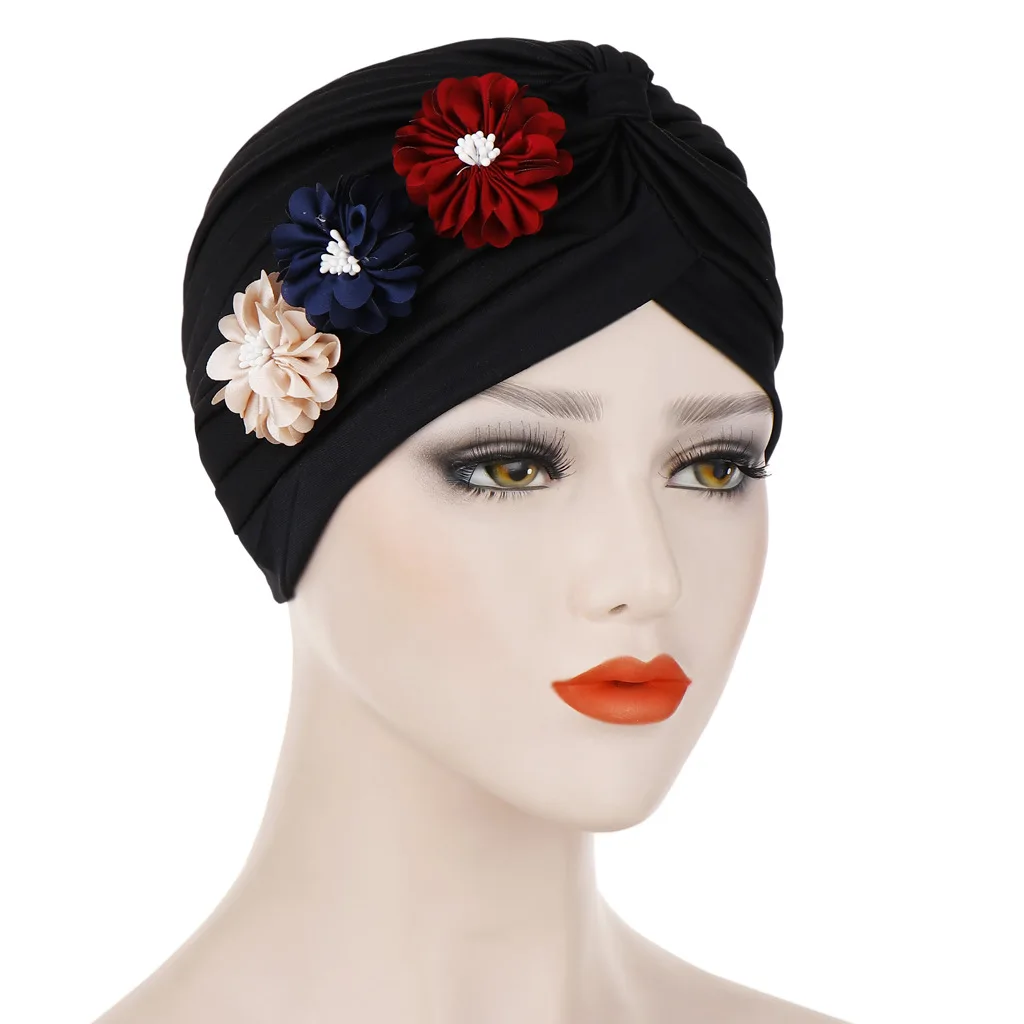 

On Sale Woman Flower Turban Muslim Scarf Cap Hair Accessories Elastic Cloth Hair Bands Hat Chemo Beanie Hat