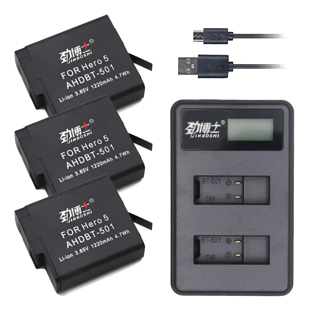 

3Pcs AHDBT-501 AHDBT501 AHDBT 501 Li-ion Camera Battery for GoPro Hero 6 + LCD USB Charger for Gopro Hero 5 Hero 6 Battery