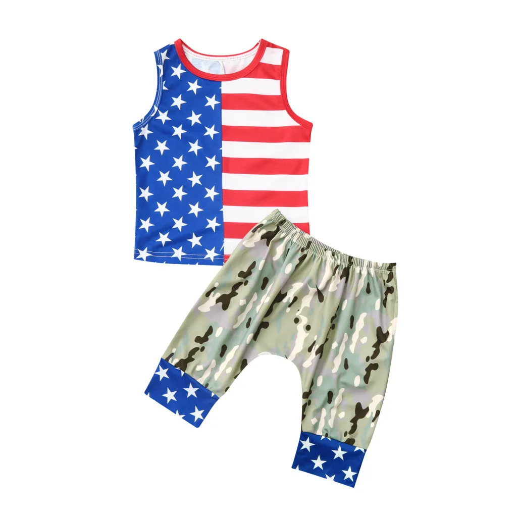 

Baby Outfits Toddler Baby Flag Day 4th of July Stars Striped Patriotic Tops+Camouflage Shorts Outfits Boy Summer Clothes Set