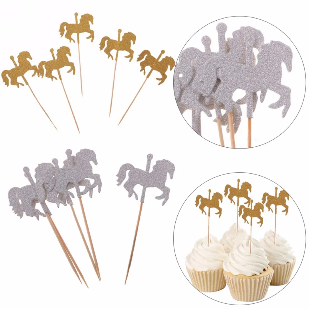 5pcs/set  Glitter Rotating Horse Cupcake Picks Cake Toppers Party Wedding Decoration Gold/Silver