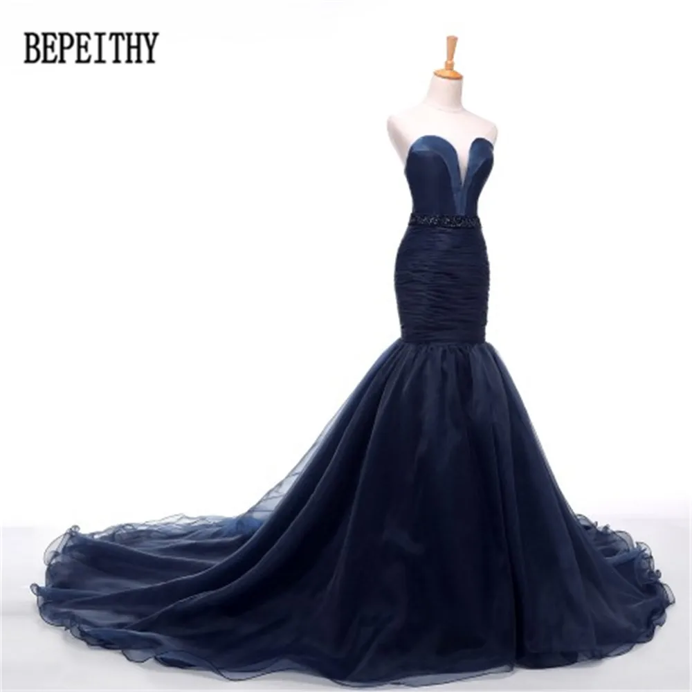BEPEITHY горячая Распродажа милое с бисером Темно-синее Тюлевое атласное платье русалки с длинным шлейфом вечерние платья Robe De Soiree