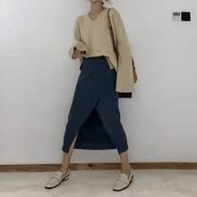 Женская однотонная прямая юбка до середины икры, Офисная Женская милая хлопковая Новинка года, осенне-зимняя короткая юбка в Корейском стиле