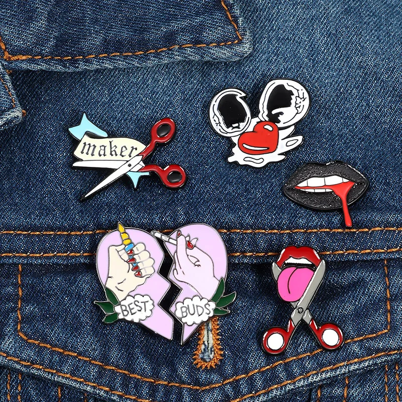 

Creative Brooch Heart Shaped Cigarette and Lighter Broken Egg Scissors enamel pin Metal Badge Send Good Friends Jewelry Gift