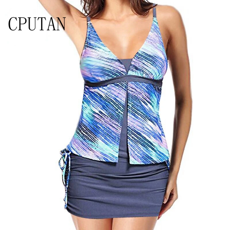 

2018 Women Tankini Set Summer 2 Piece Colorblock Tankini Skirt Push Up Swimsuit Sport Swimwear Plus Size Bathing Suit Dress XXL