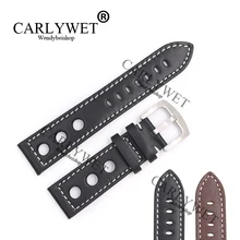 CARLYWET 22mm Real Calf Leather Handmade Black Brown with White Stitches Wrist Watch Band Strap Belt Clasp For Rolex Omega IWC carlywet 22mm new genuine leather black brown crocodile grain strap wrist watch band belt pin buckle for panerai omega iwc tag