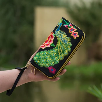 

Clearance specials Vintage National Women Wallet Peacock pattern flowers Chinese style Purse phone mobil bag