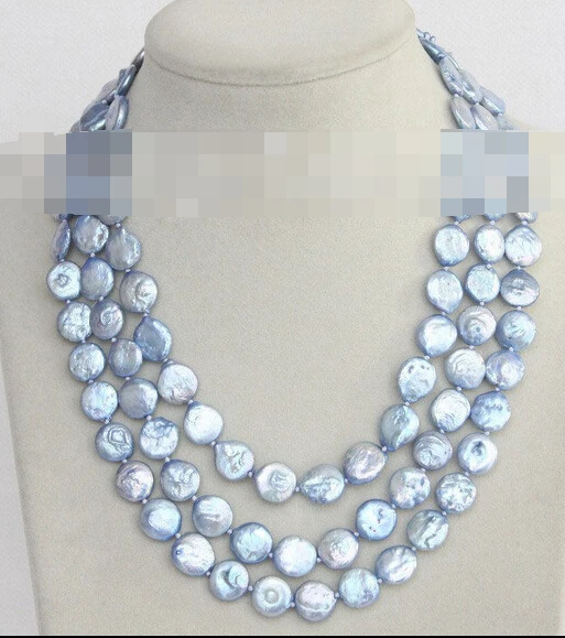 

Hot sell Noble- SHIPPING>>>@@ AS33075 15.5"-17.5" 3row 12mm coin fastener light blue pearls necklace