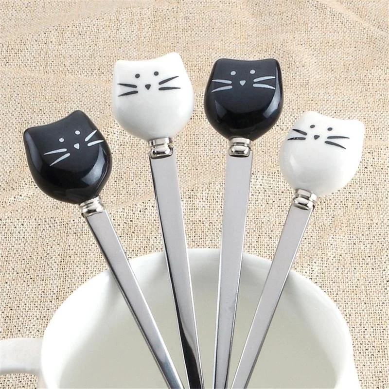 1PC Cat Ceramic Spoons Stainless Steel Cartoon Ice Cream Sugar Tea Dessert Spoon