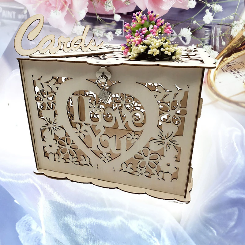 

DIY Wedding Gift I Love You Flower Wooden Card Money Box Case With Lock Rustic Beautiful Party Favor Decoration Birthday Supply