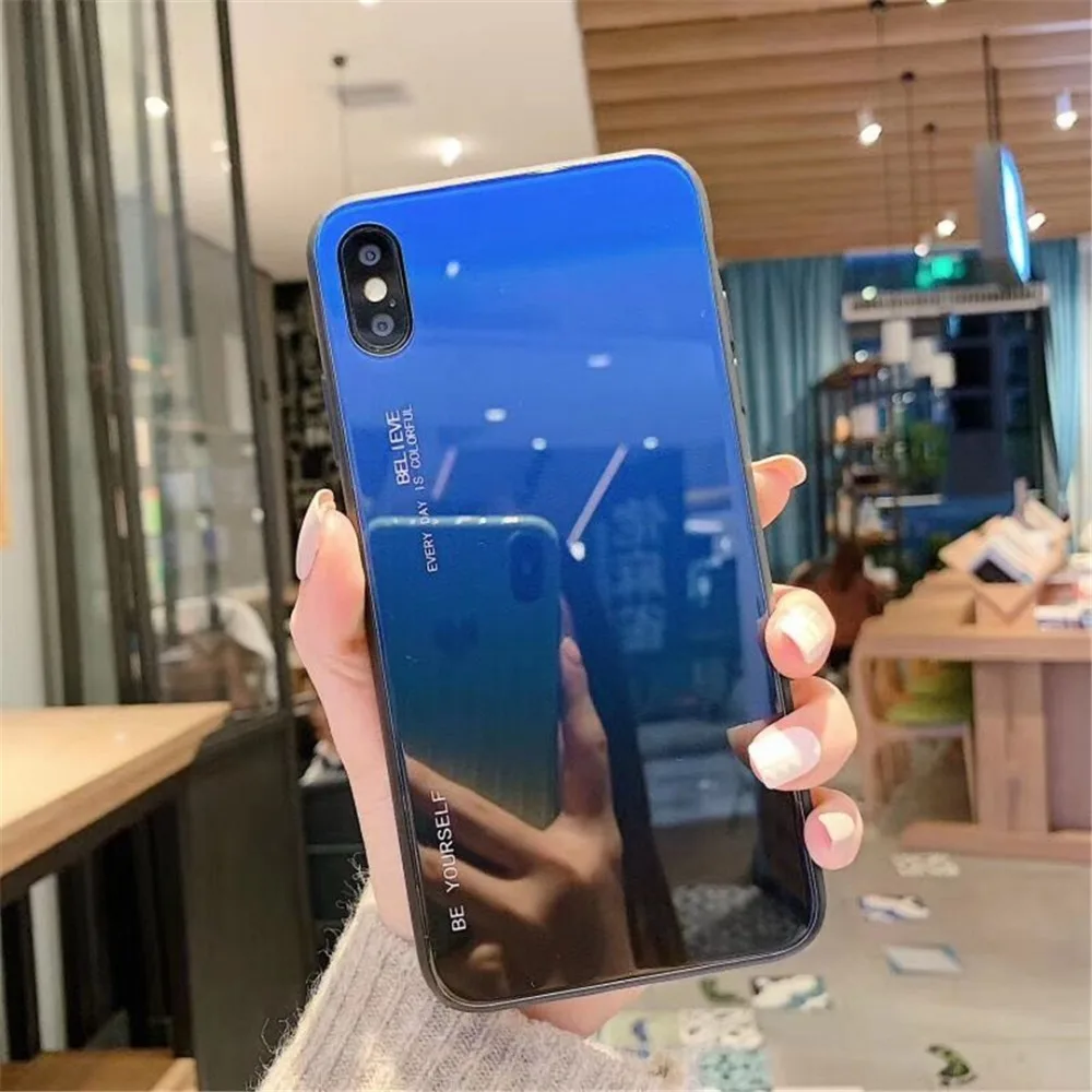 HUANQING Fashion Gradient Glass Tempered Glass Phone Case For iphone XR XS MAX X 8 7 6 6S Plus  Colorful Mobile Phone Cover Luxury Shell06