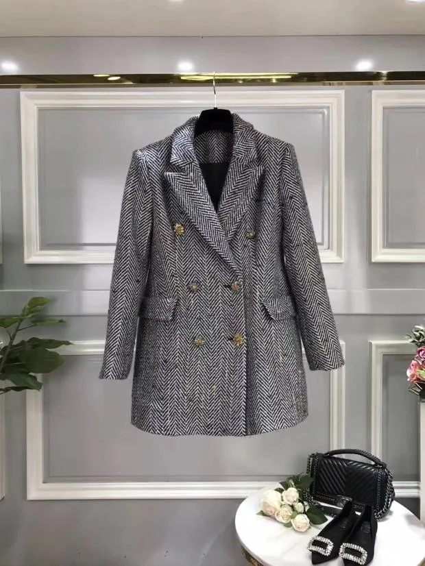 Ручная работа Роскошная шерстяная куртка для женщин двубортный Британский Винтаж елочка красочные пуговицы шерстяной костюм пальто
