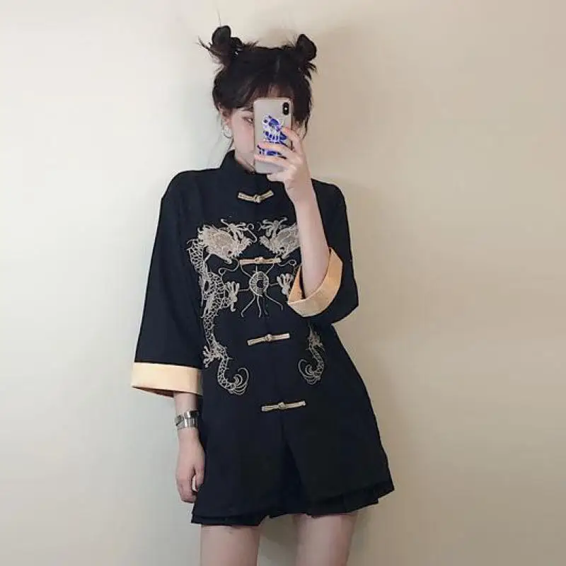 Vintage Women Blouse BLACK Embroidery Dragon Chinese Style Shirt Spring Summer Loose Tops Jacket Cosplay Hanfu Tang Clothes