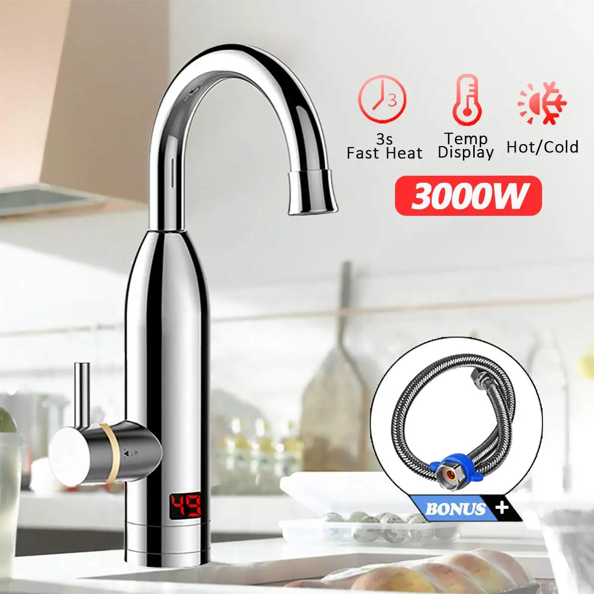 

Stainless Steel Electric Water Heater Faucet Instant Heat Tap Cold Hot Home Bathroom Kitchen Digital Display Water Heater 3000W