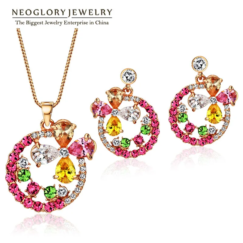 

Neoglory Rose Gold Color Colorful Rhinestone Flower Fashion Beads Jewelry Set for Women 2018 JS3 Flo-c Colf Colf-s QC4