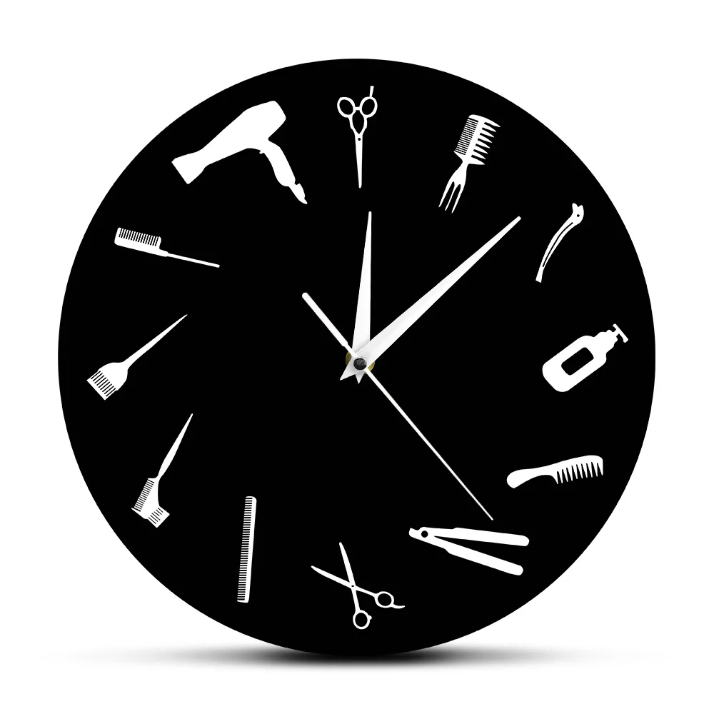 Парикмахерский магазин, деловой настенный знак, парикмахерское оборудование, настенные художественные часы, парикмахерский салон, инструмент для стилиста, салон красоты, современные настенные часы - Цвет: Black
