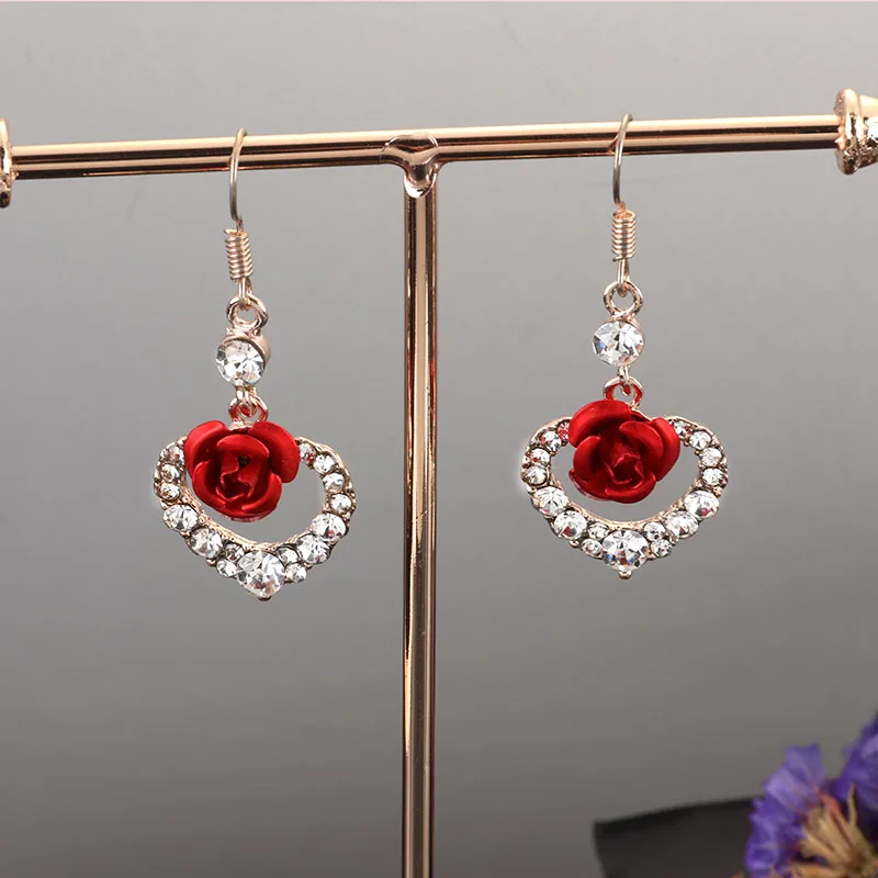 Fashion Red Rose Flower Dangle Earring for Women Romantic Crystal Charm