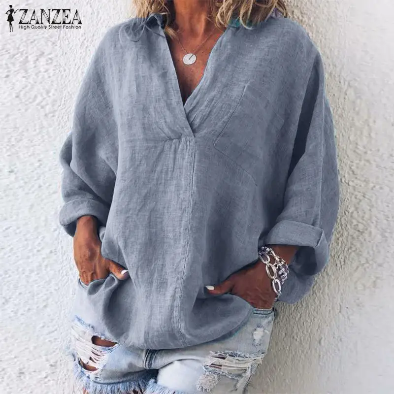 

Fashion Women V Neck Long Sleeve Blouse ZANZEA Autumn Solid Shirt Femme Robe Work OL Blusas Casual Tunic Tops Plus Size Chemise