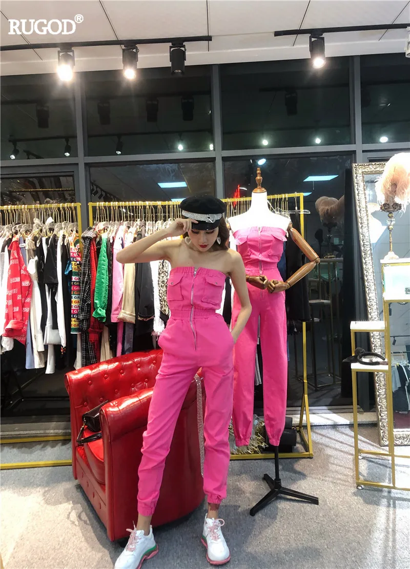 

RUGOD 2019 sexy women solid strapless sleeveless slim lady rompers denim jumpsuits casual lady pockets zippers