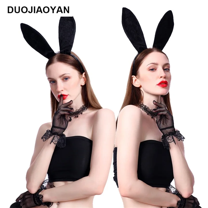 

DUOJIAOYAN Sexy Party Costume 3PCS Accessories Rabbit Headband,Lace Gloves, Acrylic Necklace Set For Bunny Girls