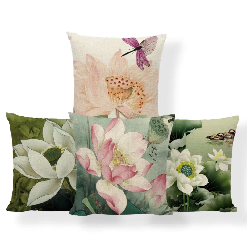 

Fresh Natural Pillowcase Green Lotus Goldfish Lotus Leaf Throw Pillow Home Large Polyester Linen Decoration Sofa Cushion Cover