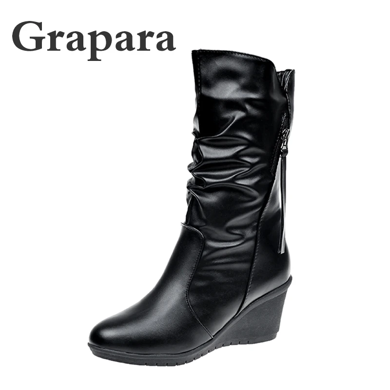 

Grapara New Winter Boots Women Shoes Woman Wedges High Heels Mid Calf Boots Pleated Solid Black Women Boots Botas Zapatos Mujer