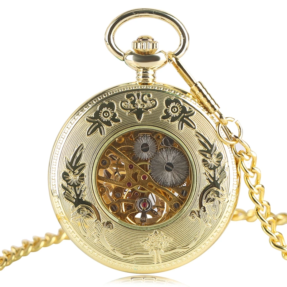 Vintage Star Round Carving Mechanical Hand Winding Pocket Watch Men Gold Hollow Pendant Chain HandRound Clock Steampunk Watches1 (10)