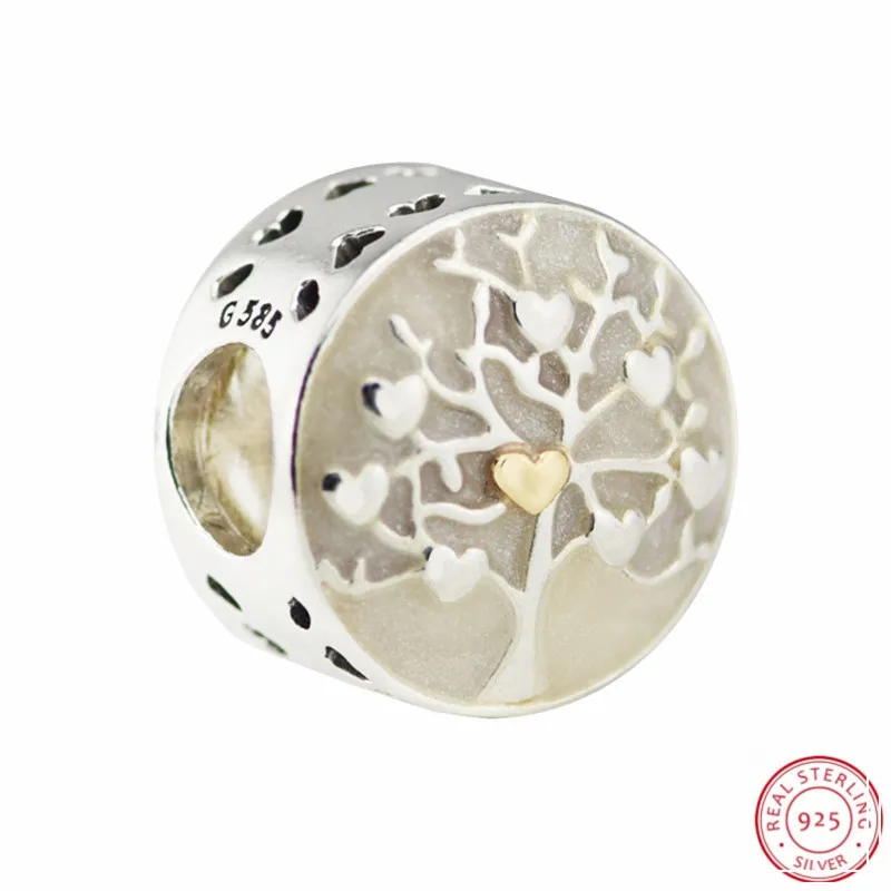 

925 Sterling Silver Tree of Hearts Beads with 14K Gold Heart Pearlescent Enamel DIY Fit PANDORA Charms for Jewelry Making FL554K