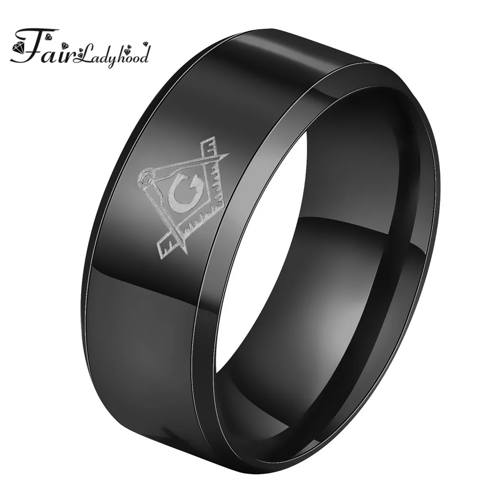 

FairLadyHood Masonic Black Silver Gold 316L Stainless Steel Ring 8 mm For Men Boy Freemasonry Gifts Jewelry