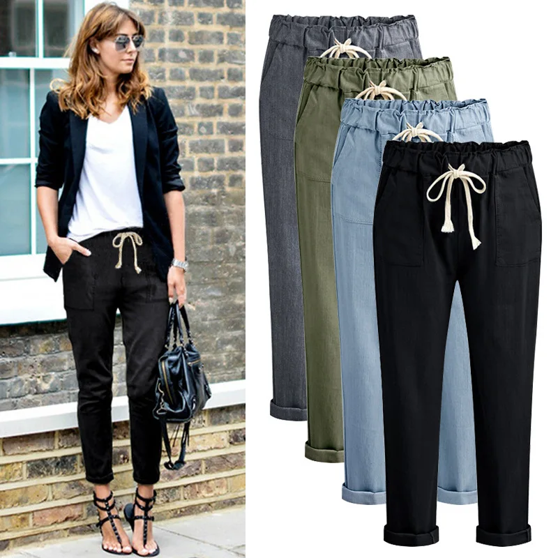 

Autumn Imitation Denim Fabric Harem Pants Female 2019 Spring Loose Elastic Waist Ankle-length Pants Women Black Pants Femme