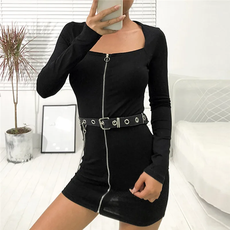 

Fashion Women Sexy Square Neck dress Zipper Bodycon Tight buttocks Mini Dress Spring autumn winter skinny Solid Cotton dress #XS