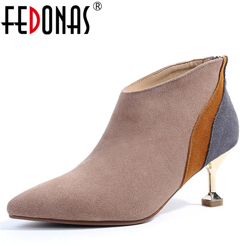 

FEDONAS Retro High Quality Women Cow Suede Ankle Boots Sexy Pointed Toe High Heeled Autumn Winter Warm Martin Shoes Woman Pumps