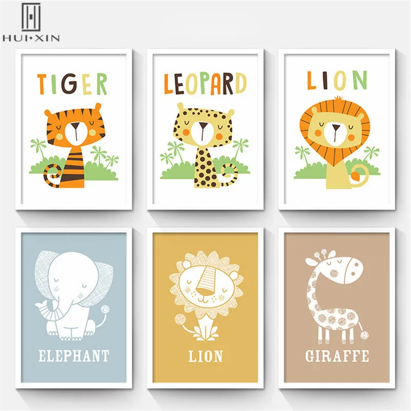 

Delicate Gift For Kids Canvas Paintings Lovely Cattoon Giraffe Tiger Lion Elephant Wall Decorative Paintings For Home Decor