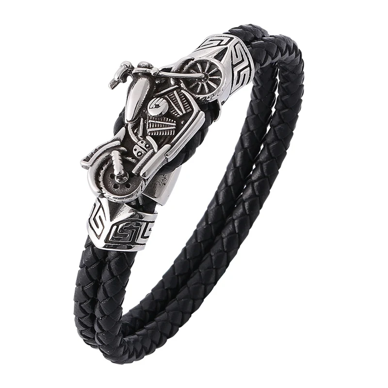 Punk Men Jewelry Double Braided Leather Rope Bracelet Stainless Steel